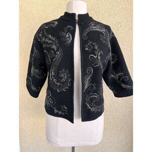 Jones New York Boiled Merino Wool Embroidered Paisley Sweater Jacket Cardigan L